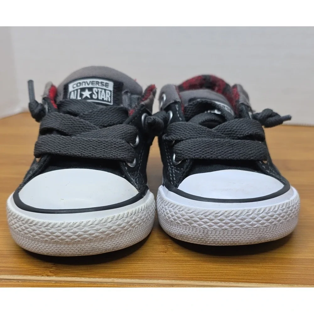 Converse All Star Low Top Toddler Shoes Black Gray Red Check Lining Size 4
